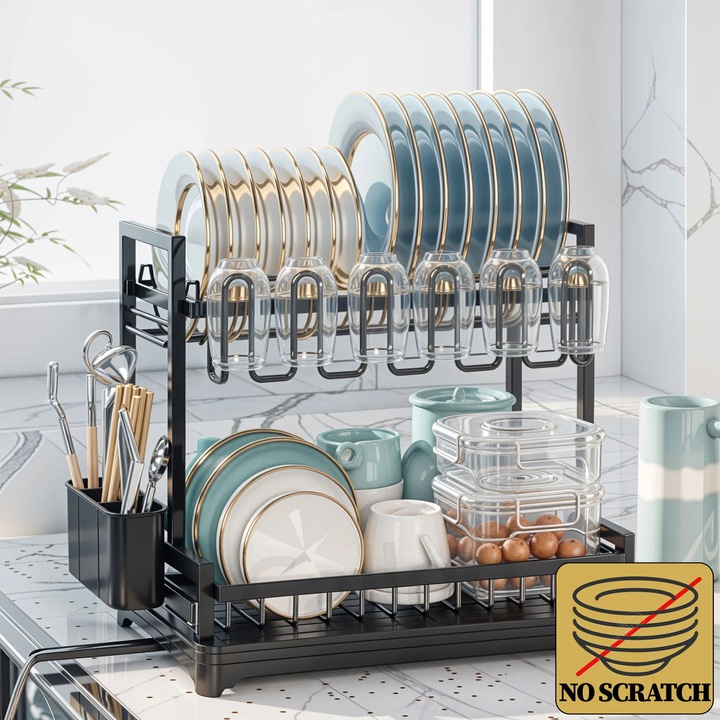 Scurgator vase chiuveta etajat, uscator vase cu protectii cauciuc, suport pahare si tacamuri, tava si tub de scurgere, negru, 42x39x30cm, Callena