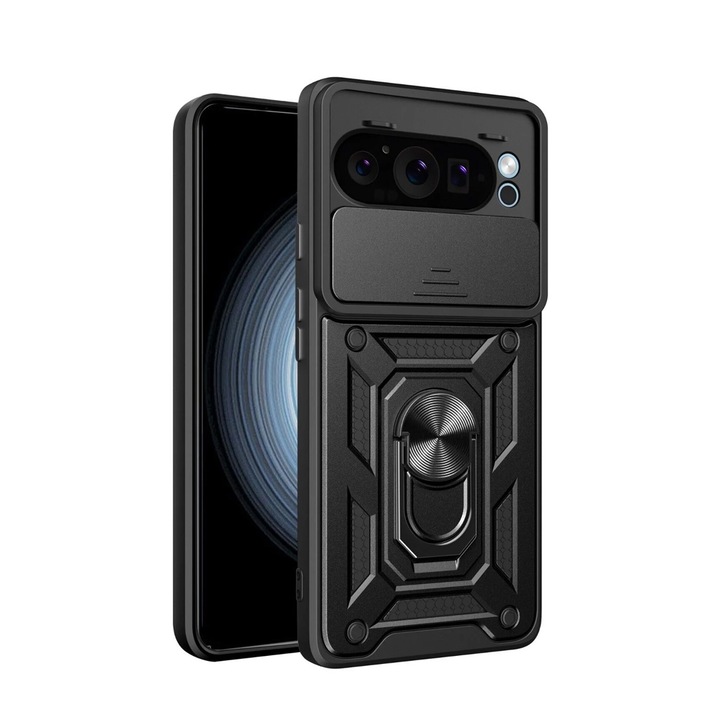 Калъф Shutter Spate Armor Ring Lens Cover, За Google Pixel 9 Pro / 9, OPTIM SOLUTION, Иновация и защита, Плъзгащ се механизъм, Магнитна функция, Camshield Premium Core Protection, Поддръжка на 360° въртящ се пръстен, Анти-пръстови отпечатъци, Черен