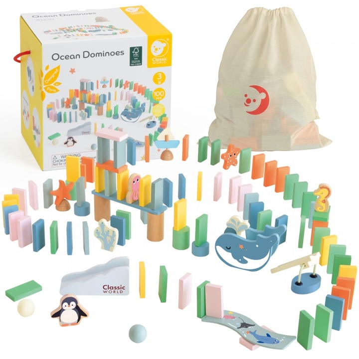 Set Domino din Lemn Classic World, Educativ, 100 Piese, Multicolor