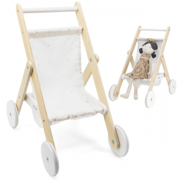 Carucior din lemn pentru papusi, VIGA PolarB, imprimeu cu stele si luna, 38cm