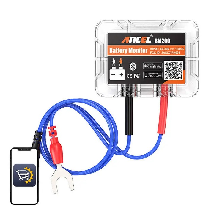 Tester baterie auto, Ancel, Bluetooth 4.0, monitorizare sanatate baterie, compatibil iOS/Android, IP67