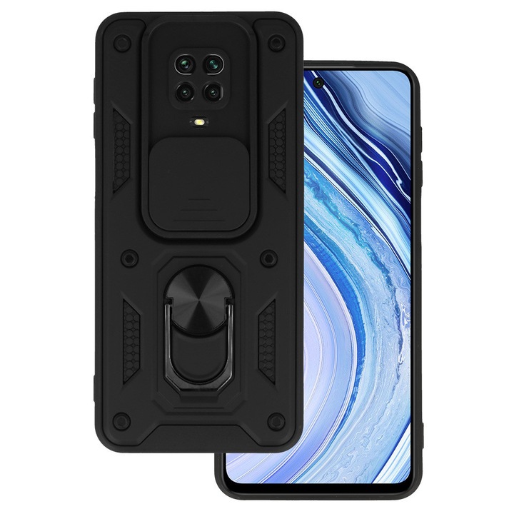 Xiaomi Redmi Note 9 Pro / Note 9S kompatibilis hátlap tok, telefon tok, kitámasztható, mágneses, ütésálló, fekete, Defender Slide
