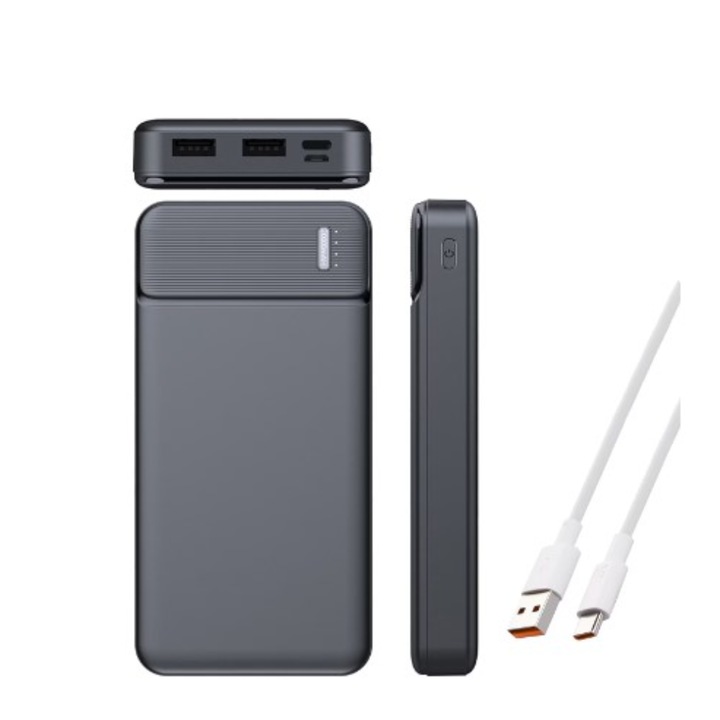 Külső akkumulátor, Gyors töltés, 20000mAh, LED, 18W, 2 USB port 22, 5W, micro USB csatlakozás, Fekete