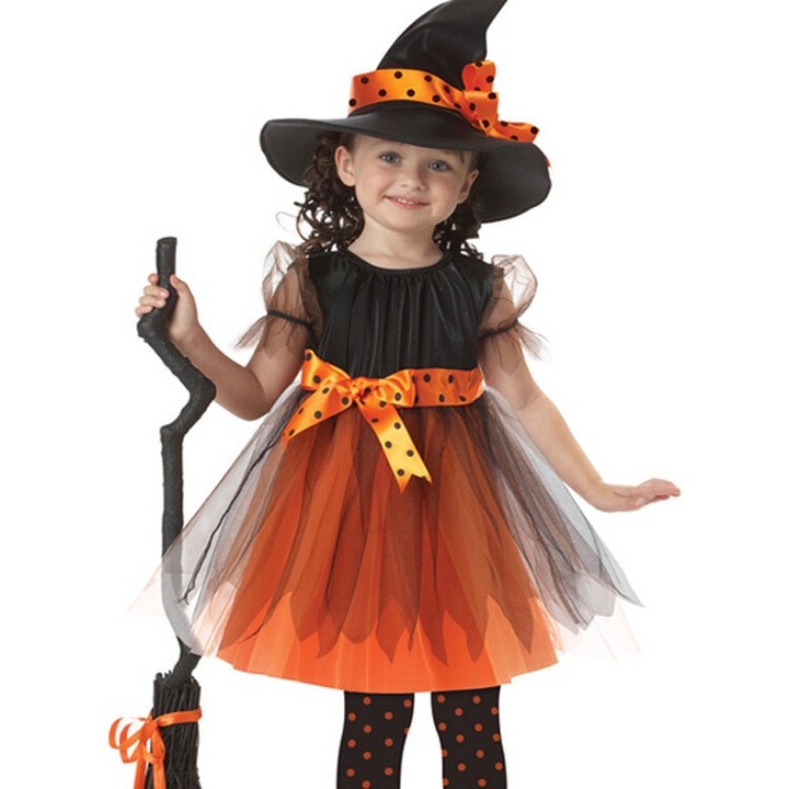 Costum de vrajitoare pentru copii, portocaliu, 120cm, 4 ani
