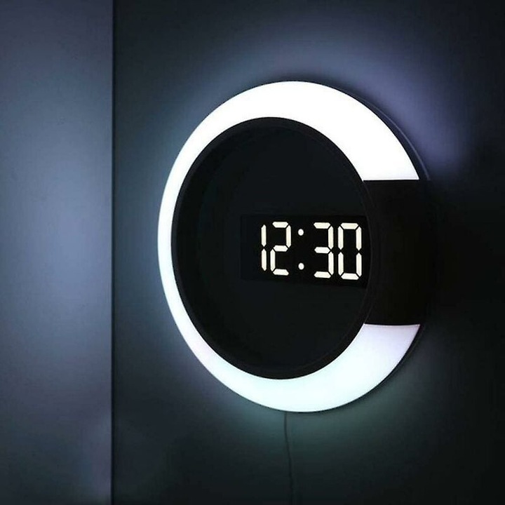 Ceas decorativ LED, control de la distanta, oglinda, alb, 30.5x3.5x30.5cm