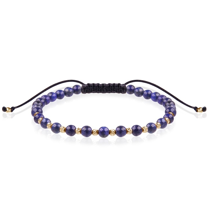 Bratara Unisex cu bile de Aur 14k, cristale semipretioase Lapis Lazuli, snur negru, dama