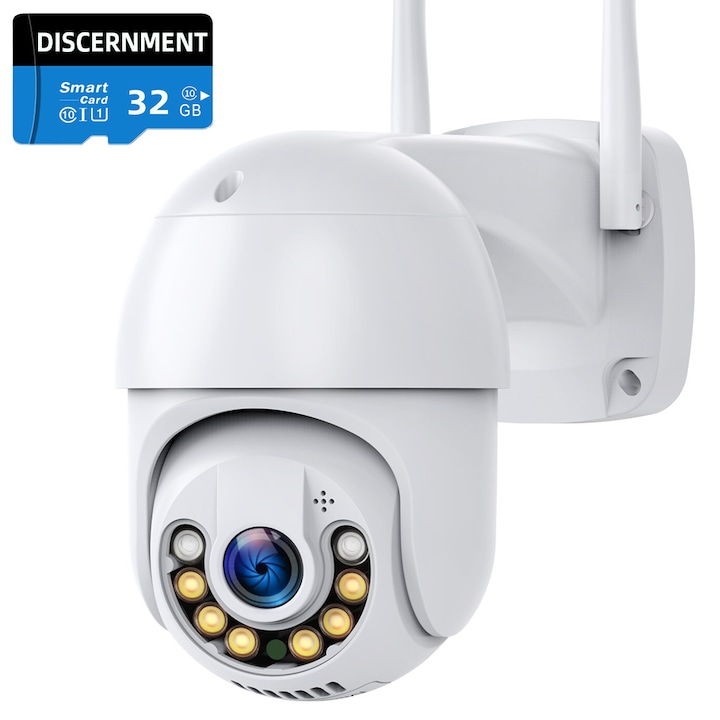 Камера за външно наблюдение DISCERNMTN 50HS Pro+, Ultra HD 2K, увеличение 4X, въртене, LED, двупосочно аудио, съхранение на карта/облак, сензор за движение, бял
