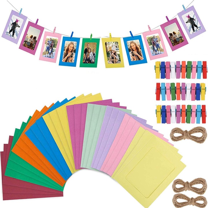 Set rame foto colorate din carton cu clipsuri din lemn si sfoara din canepa, 4x6 inch