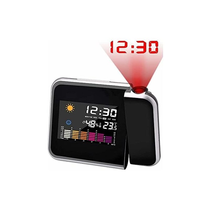 Projektoros ébresztőóra, piros világítás, méretek 2x3m