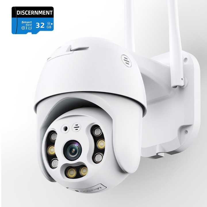 Камера за външно наблюдение, DISCERNMTN 50HS Pro+ Ultra HD 2MP, 4x увеличение, 355°x90° ротация, светодиоди, двупосочно аудио, бяла