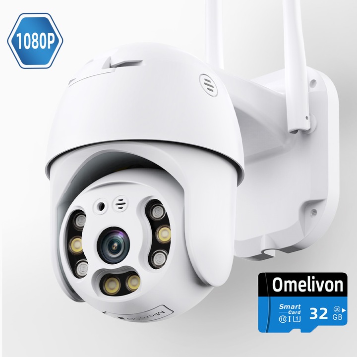 Camera de supraveghere Wireless, Omelivon® A6 Exterior/Interior,1080P, Smart, Memorie de 32 GB，IP WiFi 2.4Ghz, Rotativa, Night Vision Color si Infrarosu, Alarma, Auto Tracking, Rezistenta la Apa, Alb