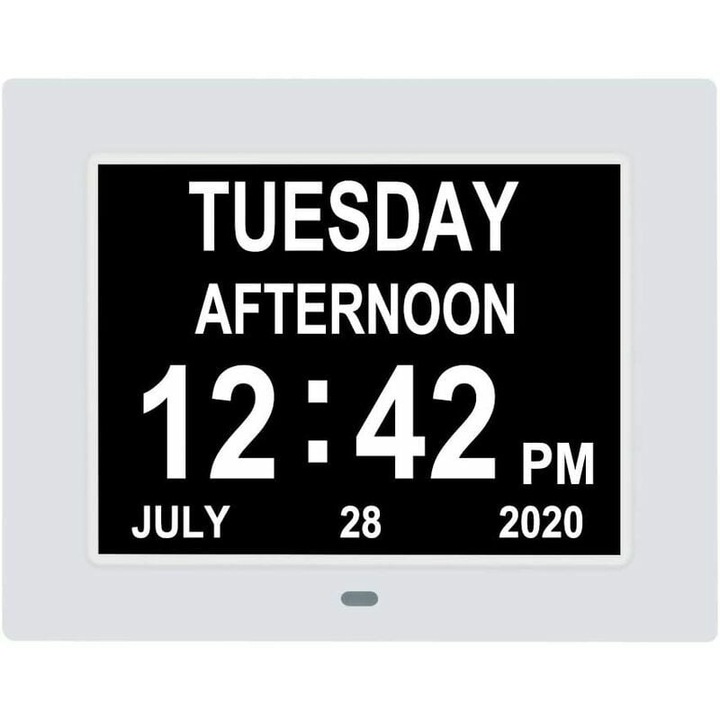 Ceas calendaristic digital extra mare cu data, ora si zi, ceas pentru seniori cu deficiente de vedere, 8 optiuni de alarma, alb