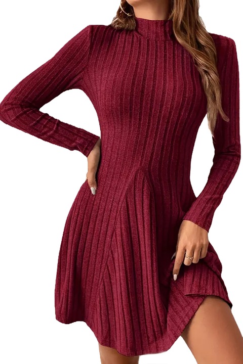 Rochie toamna-iarna scurta cu maneci lungi, tesatura cu nervuri, albastru sters, Rosu inchis