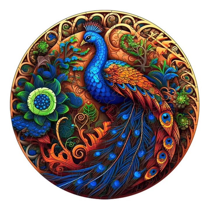 Puzzle rotund, din lemn, pentru adulti, adolescenti si copii tip joc de societate interactiv pentru activitati recreative de familie, paun cu pene colorate, albastru glossy, 152 piese, A3