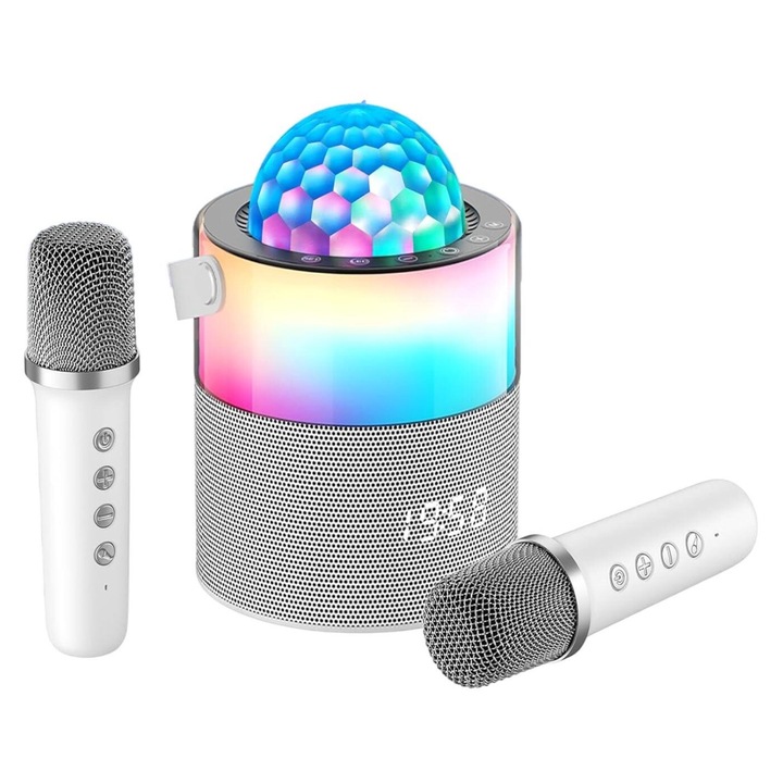Караоке комплект за деца WALALLA с 2 безжични микрофона, LED дискотеки, Bluetooth 5.3, 5.9x4.4x4.4 инча, бял