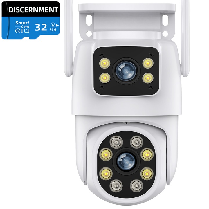 Камера за външно наблюдение DISCERNMENT A30, Dual Lens 6MP, PTZ, AI разпознаване на хора, 4X цифрово увеличение, нощно виждане, черен, 32GB