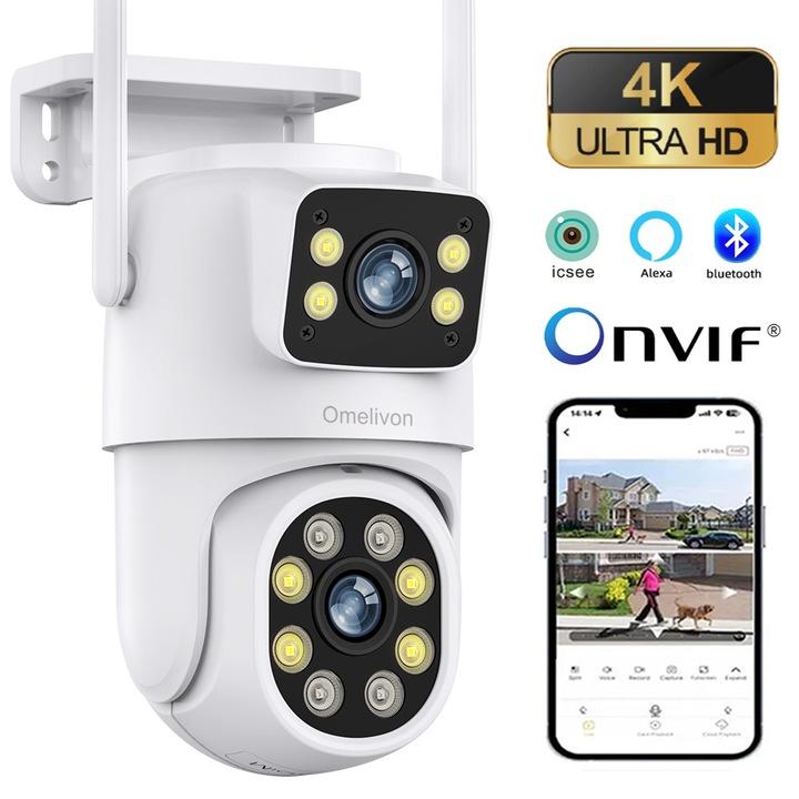 Camera de supraveghere WIFI, Video CCTV Dubla, A30, 4X Zoom, IP66, Leduri Lumina, Rotire, Viziune nocturna color, APP ICsee, Stocare Card/Cloud, Audio bidirectional, Rotire, Senzor Miscare, Alb