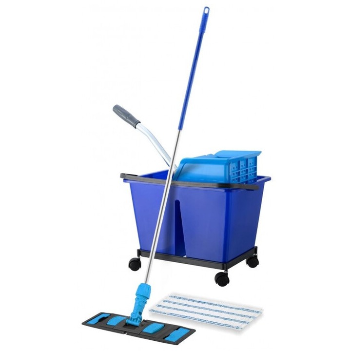 Set de curatenie profesional DacEnergy©, maner din aluminiu, mop plat din microfibra cu lungimea de 40 cm, storcator tip presa, galeata cu 2 compartimente, albastru