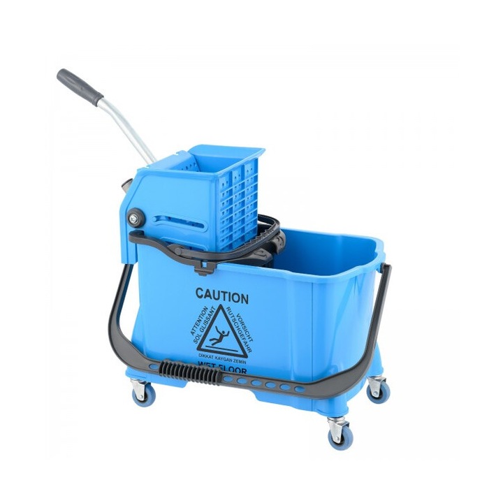 Carucior de curatenie DacEnergy©, plastic durabil, capacitate dubla, 10 si 24 l, storcator profesional pentru mop, patru roti, maner ergonomic, albastru