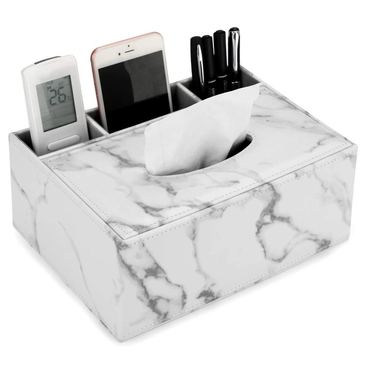 Suport servetele dreptunghiular cu inchidere magnetica, Enforose, piele PU alba, elegant, pentru baie, acasa, birou
