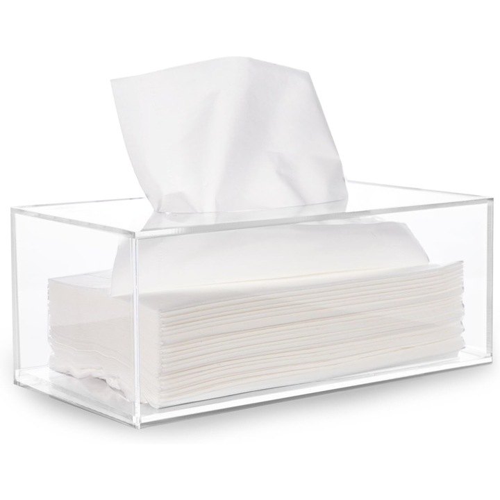 Suport servetele acrilic transparent cu inchidere magnetica, dimensiuni 24x13x9cm, ideal pentru decor elegant in baie, bucatarie sau living