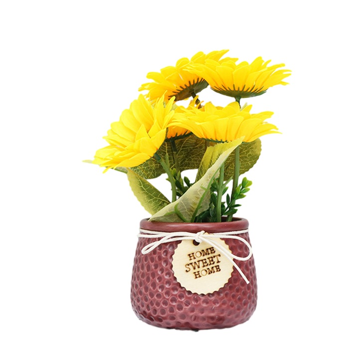 Mesterséges növénykészlet, napraforgó, kerámia edények, dekoráció irodába, otthonba, fürdőszobába, ablakba