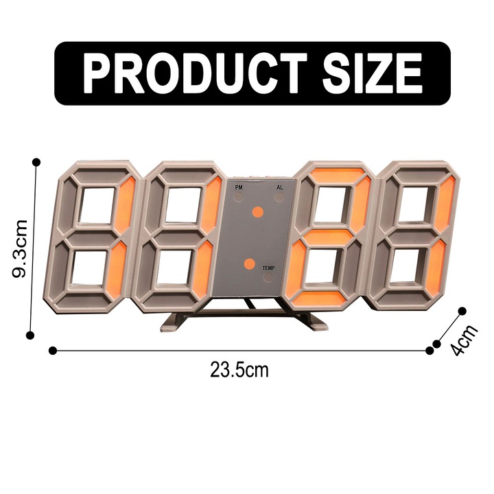 Ceas digital cu LED, portocaliu, 235x93x18mm, cu alarma si afisaj temperatura