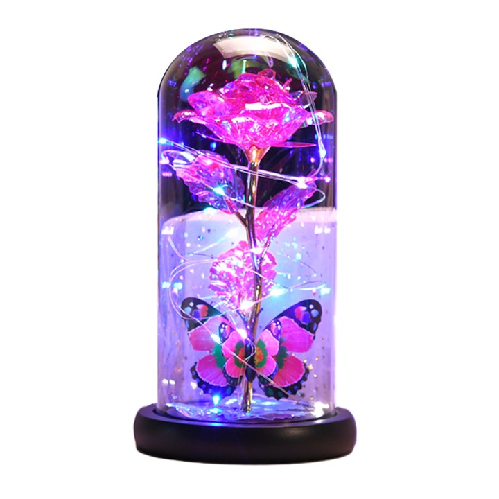 Trandafir in cupola de sticla, decor luminos, cadou romantic, 20x12cm