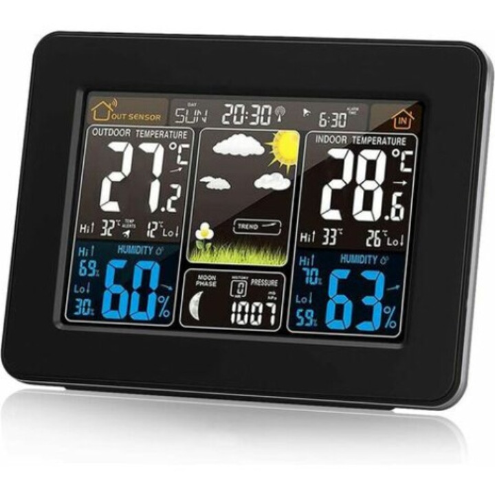 Ceas decorativ de masa AMRINUGL, statie meteo wireless cu indicator de mucegai, display LCD color, monitorizare temperatura si umiditate, alimentare AC/baterie