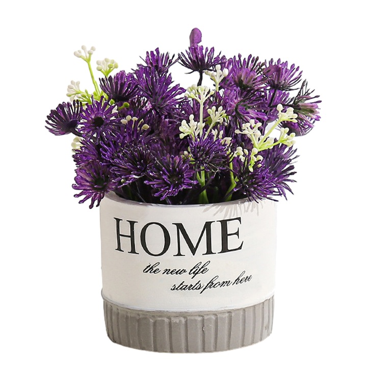 Floare artificiala tip bonsai in ghiveci metalic, aranjament daisy, 20x20cm