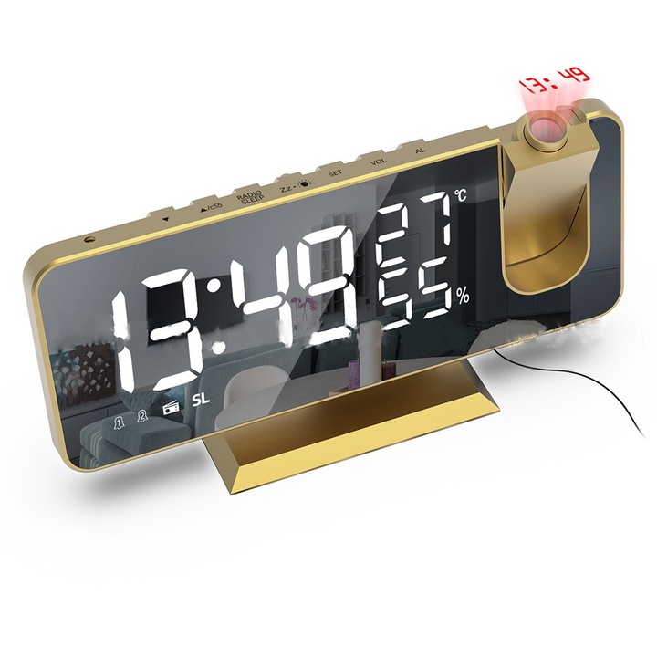 Ceas de alarma multifunctional cu proiectie, negru, 18.5x4.5x9.1cm, set cu cablu de date