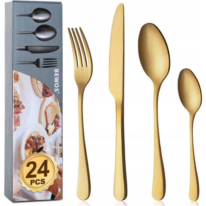 Set tacamuri BEWOS, 24 piese, auriu mat, inox, pentru 6 persoane