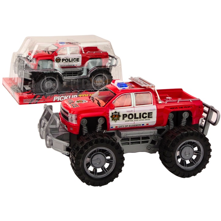 Masinuta Pickup Policie, LEAN TOYS, rosu, 31x19x21cm, cu roti mari, set pentru copii peste 3 ani