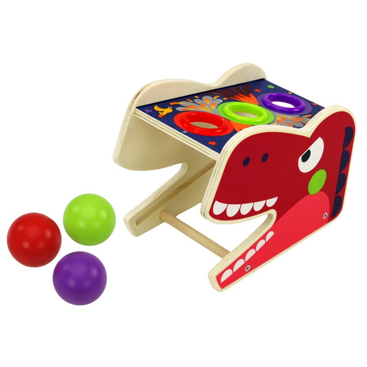 Jucarie muzicala, LEAN TOYS, Dinozaur 2 in 1, rosu, lemn, 22.5x15.5x12cm, +3 ani