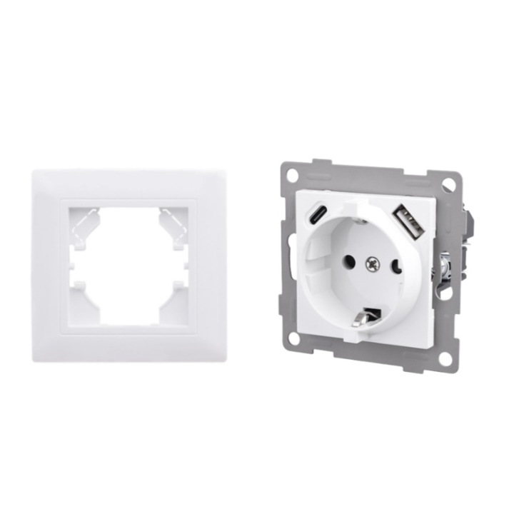 Priza Perete cu Rama Integrata, Porturi USB-C + USB-A, Protectie Supraincarcare/SCurtcircuit, Montaj Rapid fara Suruburi, Alb Mat