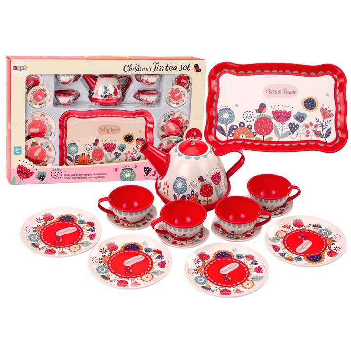Set de Cafea si Ceai, LEAN TOYS, 15 piese, Culoare rosie, Dimensiuni tavita 24x15cm, Dimensiuni ceainic 11x8cm