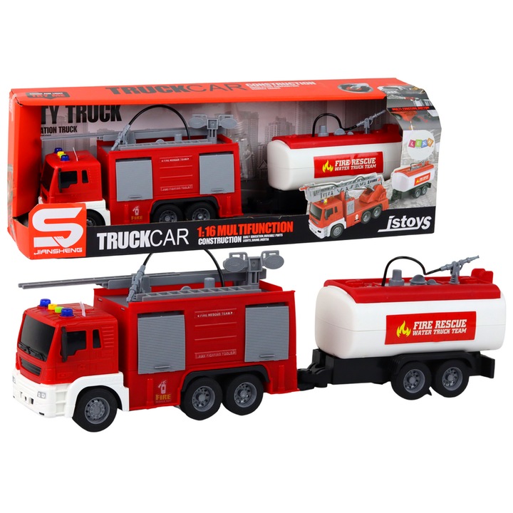 Camion de pompieri cu remorca, LEAN Toys, 1:16, efecte sonore si lumini, 45x12x8cm