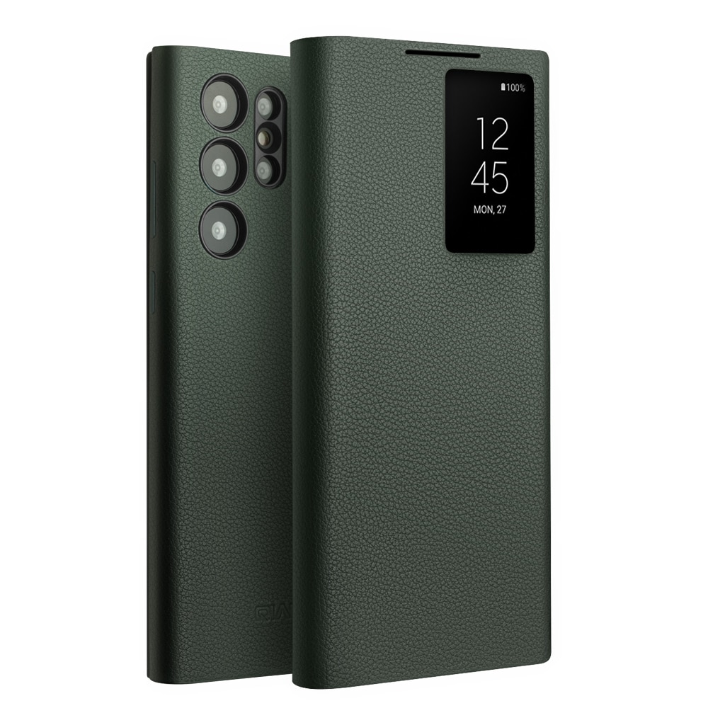 Husa pentru Samsung Galaxy S24 Ultra, slim din piele naturala, smart cover view case, ultra usoara, Qialino Genuine Leather Smart Case, Cyan