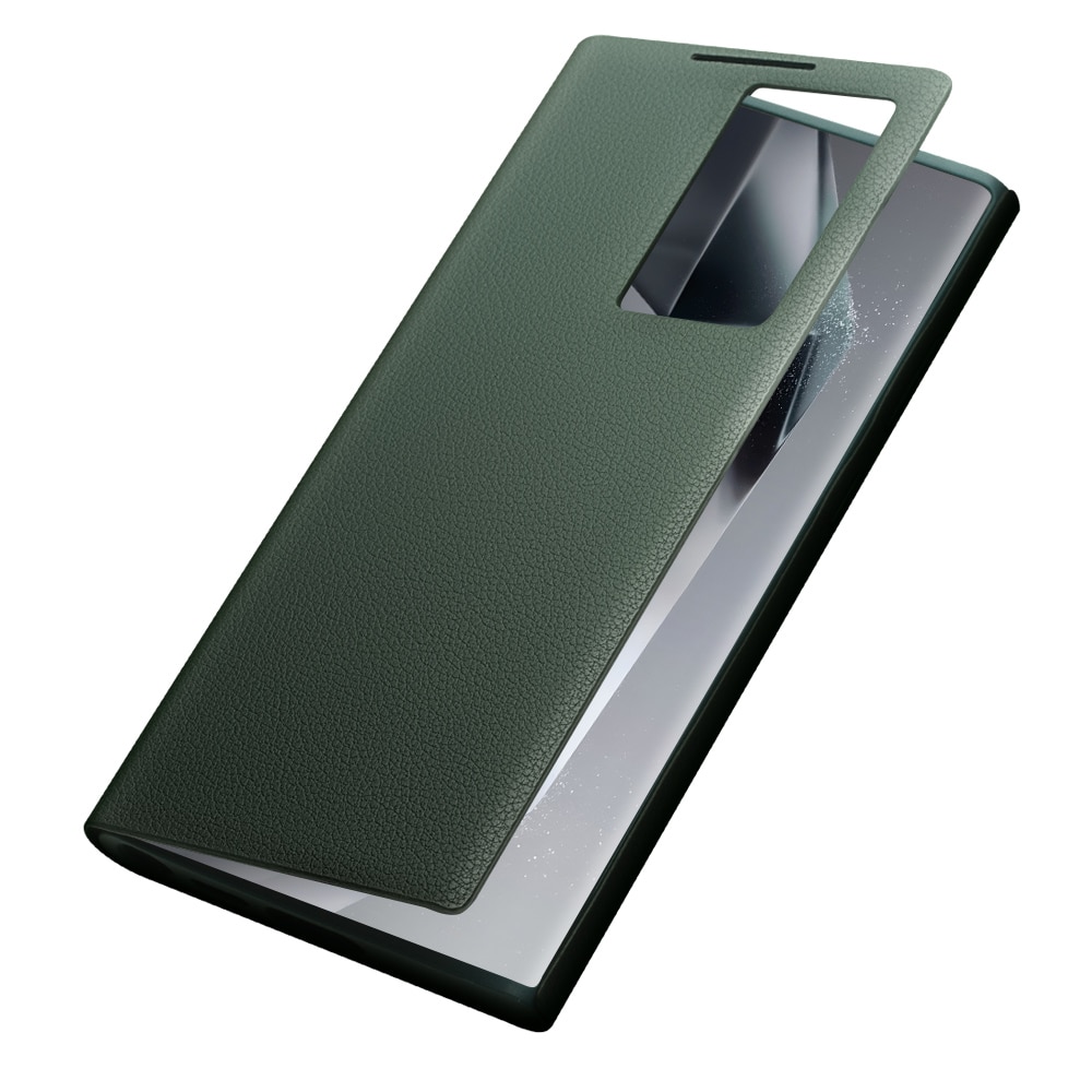 Husa pentru Samsung Galaxy S24 Ultra, slim din piele naturala, smart cover view case, ultra usoara, Qialino Genuine Leather Smart Case, Cyan