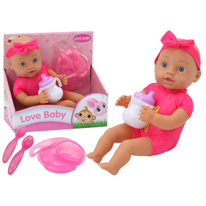 Papusa LEAN TOYS, roz cu accesorii de hranire, 31x30x9cm, pentru fete, 18m+