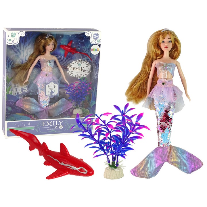 Papusa Sirena Emily, LEAN TOYS, Rechin/planta subacvatica, roz/albastru, 35cm