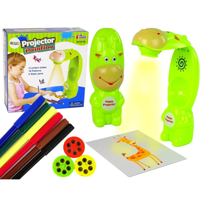 Set proiector si desen, LEAN TOYS, 3 discuri cu imagini, 6 markere, Verde, 19x7x6cm