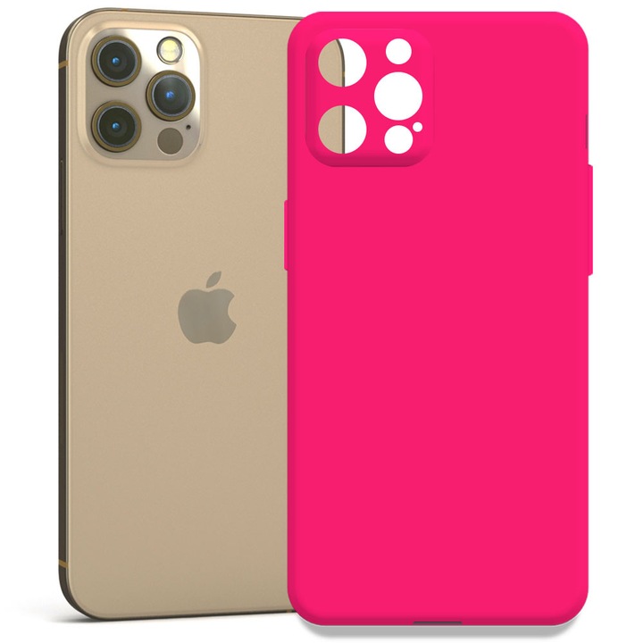 Husa pentru Apple iPhone 12 Pro, Color Shield, Interior de catifea, Suprafata aderenta, Protectie antisoc, Margini ridicate, Regular Fit, Silicon, Roz neon