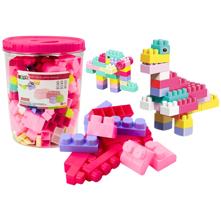 Конструктор LEAN TOYS, 160 елемента, розов, с мини книжка и образователни стикери, 30x23x19 см