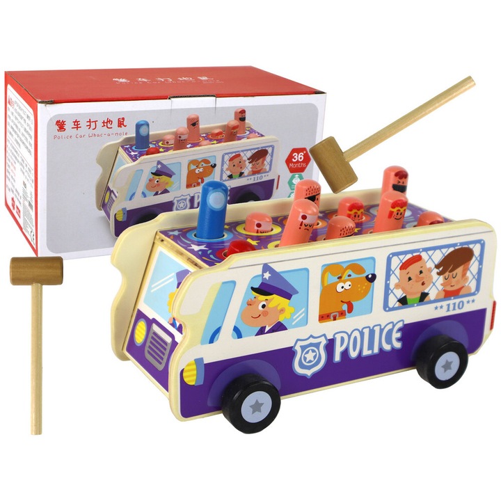 Jucarie interactiva, LEAN TOYS, Autobuz politie, Lemn, ecologic, 24.5x14x12.5cm, +3