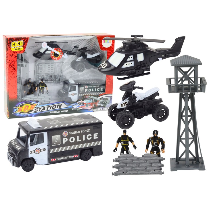 Set politie Lean Toys cu masina, quad, elicopter, figurine, lumini si sunete, 40x28.5x8.5cm