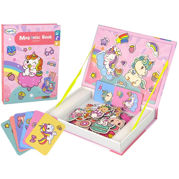 Магнитна книга, LEAN TOYS, 39 части, еднорози, многоцветни, 27x21x4см