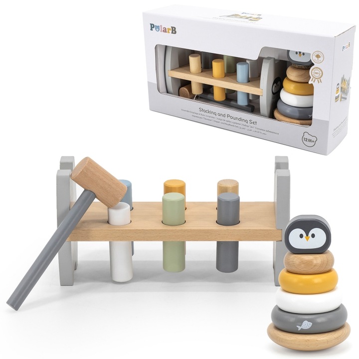 Set jucarii interactive pentru bebelusi, piramida si ciocanel cu pinguin, Viga, pastelat, 12 luni+