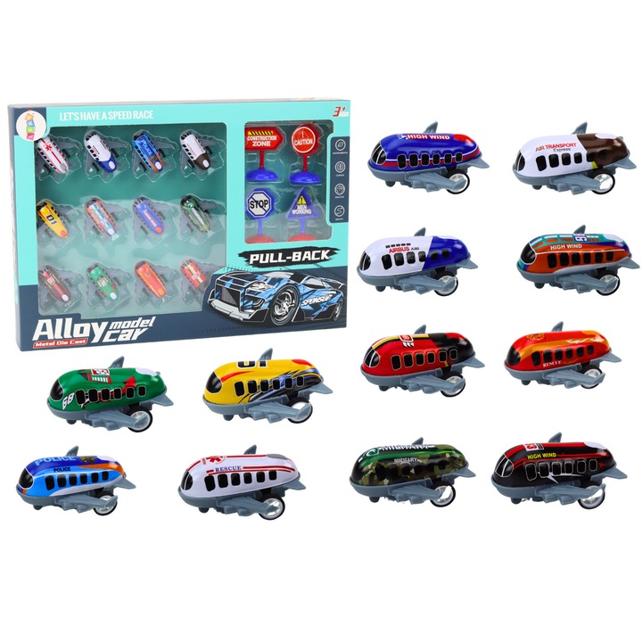 Set 12 masinute tip avion/4 indicatoare rutiere, LEAN TOYS, Aliaj, 5 cm, 3 ani+