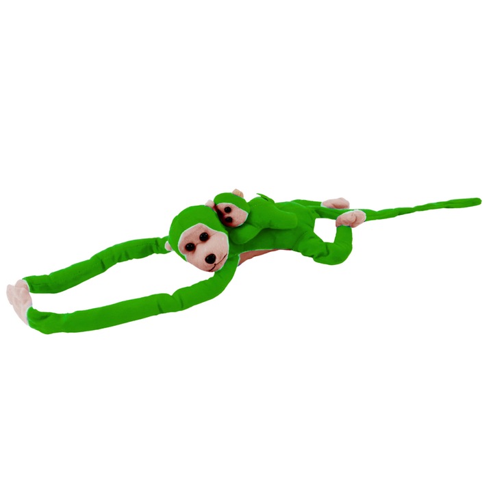 Jucarie de plus, LEAN TOYS, maimuta cu pui, 70x25x10cm, 3ani+, verde
